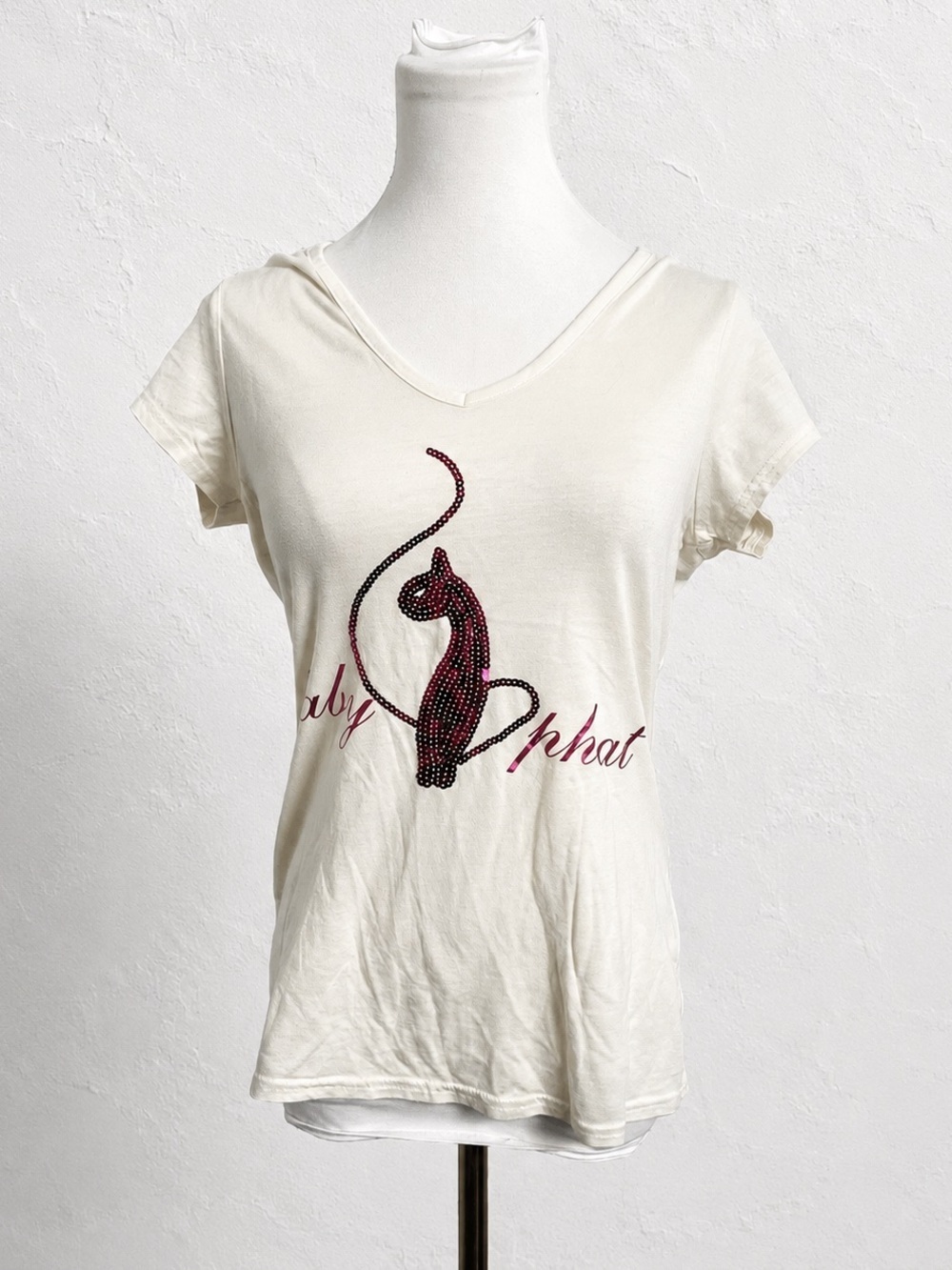 Vintage Baby Phat Rhinestone Cat Tee Y2K Cream Fitted Graphic Top